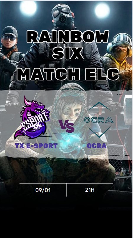 Le premier match de la <a href="/ELC_EsportsR6/">ELC Esports R6</a> pour notre équipe TX royal se déroulera:

Dates 📅 09-01-24
Heures 21h
Vs <a href="/OCRA/">Gerry Duke</a> 

Que les meilleurs des deux équipes gagnent 
Glhf a tous