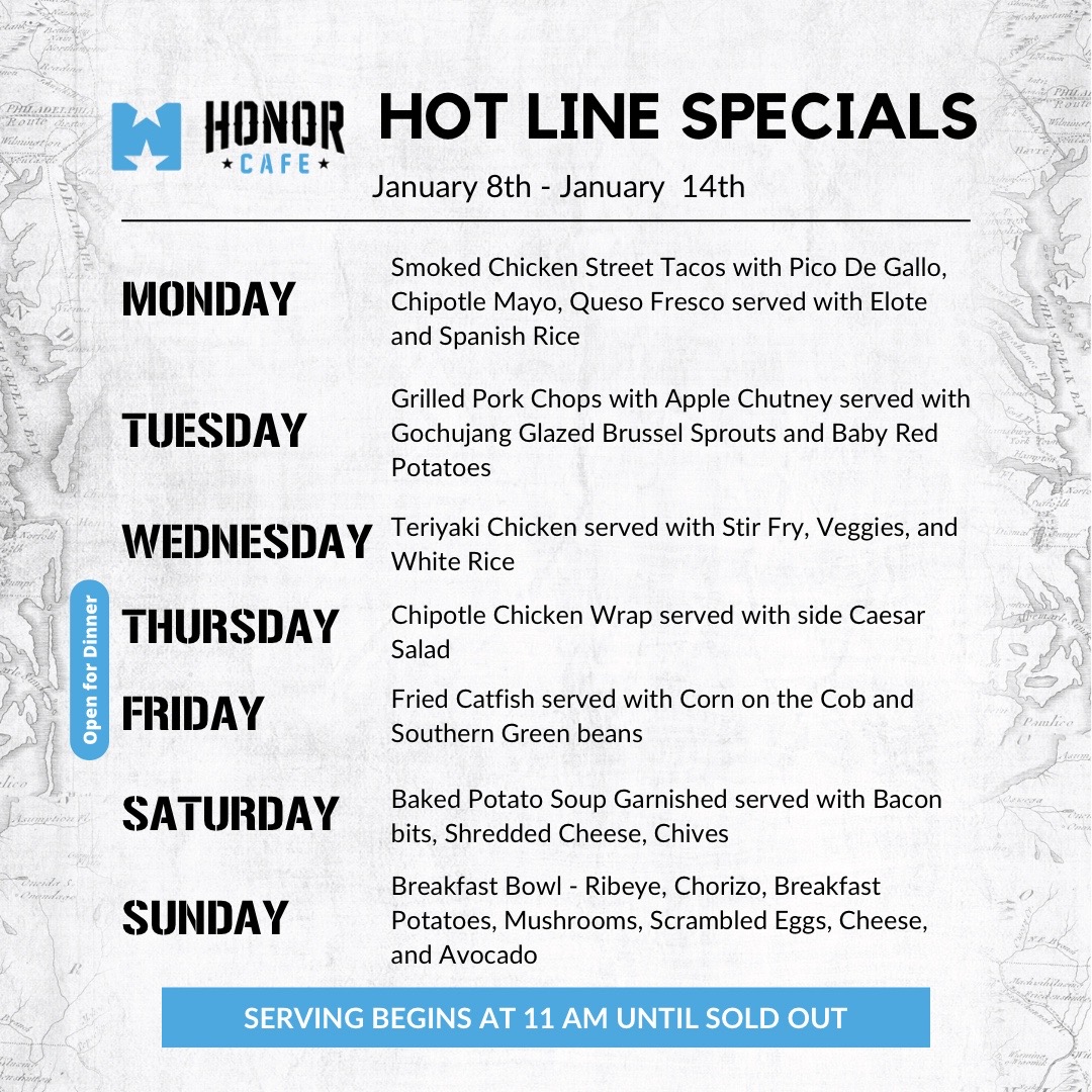 Indulge your senses with this week’s enticing specials at Honor Cafe! From mouthwatering Smoked Chicken Street Tacos to our delectable Ribeye Breakfast Bowls, every day brings delightful choices.

🌐 honorcafe.us