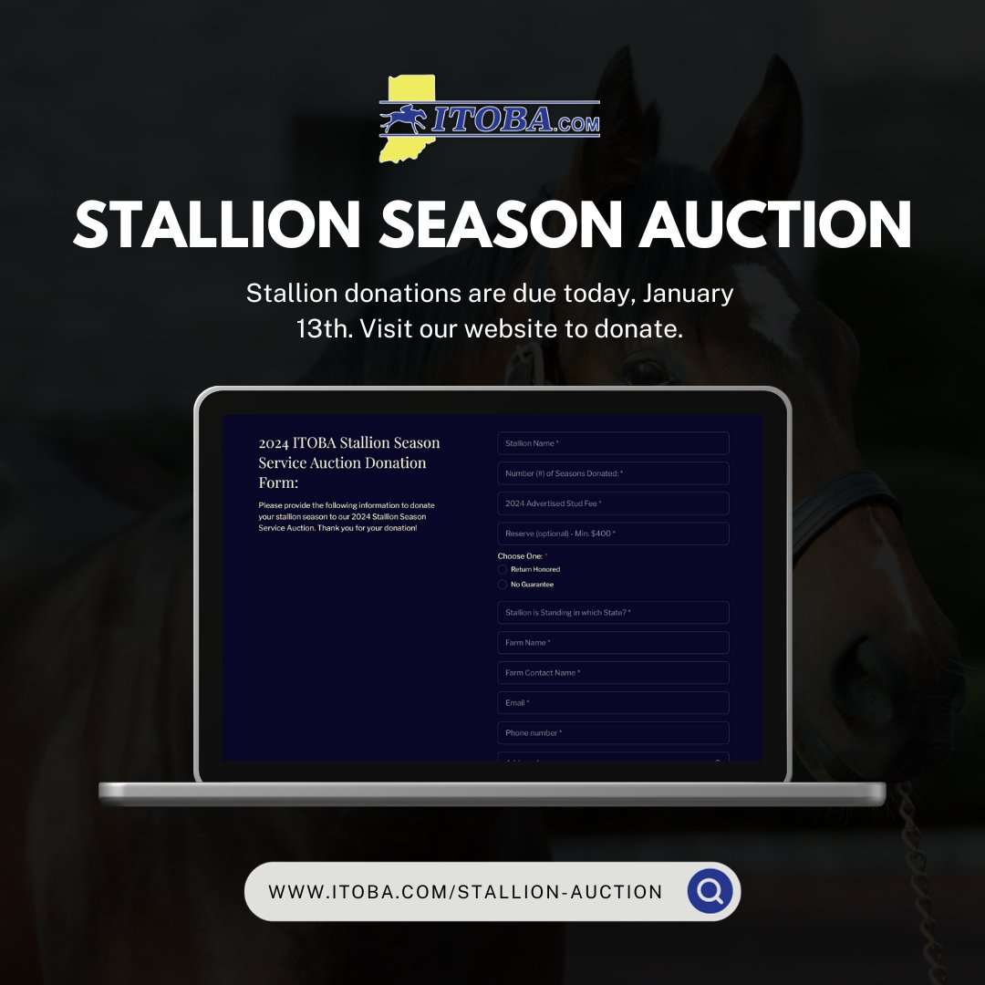 TOBAIndiana's tweet photo. Today is the last today to donate your stallion to the 2024 ITOBA Stallion Season Auction.
๐ https://t.co/JuZ9tseylW ๐
#horseracing #thoroughbred #racehorse #indbred #indsired https://t.co/8fmxQHYxGP