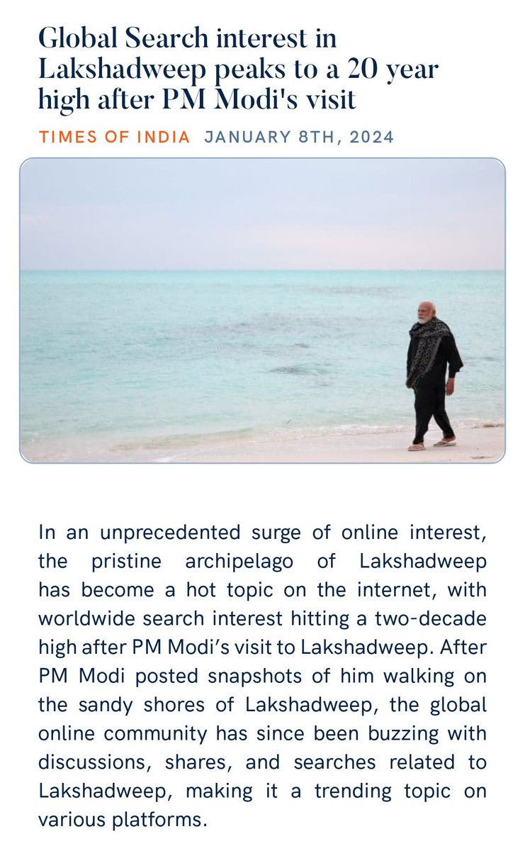 ImShershaah's tweet photo. Global Search interest in Lakshadweep peaks to a 20 year high after PM Modi's visit
https://t.co/zmbtwkozxQ via NaMo App https://t.co/FsGnJJDjrv