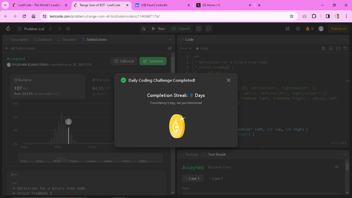 Solving daily problem (Day_8) on <a href="/LeetCode/">LeetCode</a>. Learning with fun and enjoying the journey of goal/destination. 
Q. 938. Range Sum of BST.

#leetcodechallenge #problemsolving #improvement #LeetCode #CodingChallenge #NewSkills #DailyChallenges #LearnInPublic