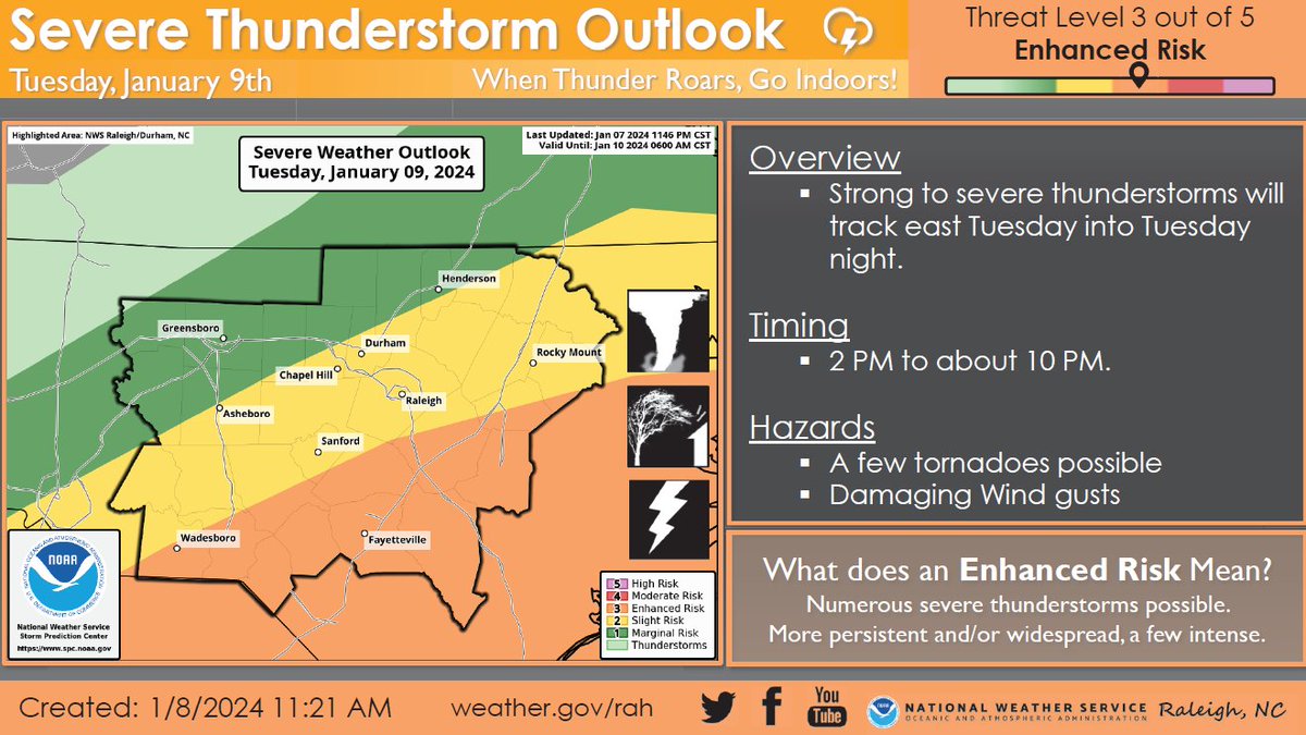 A strong storm with multiple hazards will move  in late tonight into Tue night. Strong winds, isolated to numerous severe t-storms, heavy rain leading to scattered flash flooding are possible. Be #weatheraware Tue! Register for GEANI alerts at readyguilford.org.
