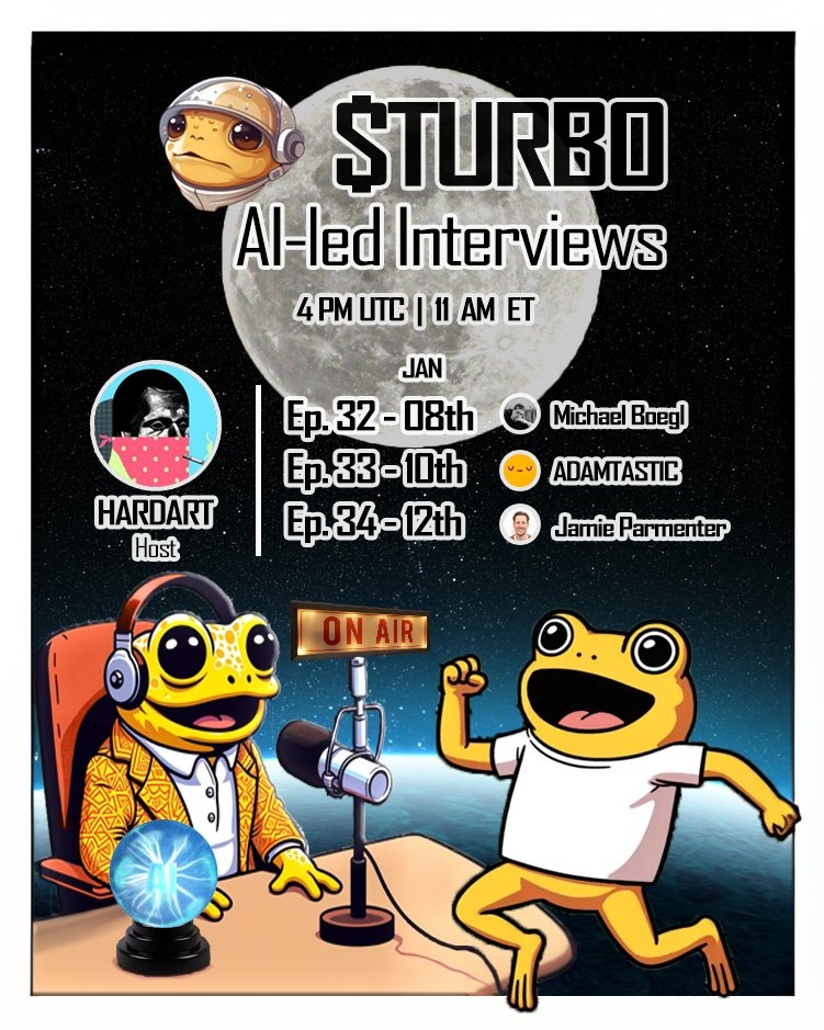 ⏰ It's Turbo Time ⏰

We're regular now &amp; I ain't talking BMs 💩. Regularly programmed spaces 𝒆𝒗𝒆𝒓𝒚 𝒘𝒆𝒆𝒌--M, W, F 11am EST from the <a href="/TurboToadToken/">Turbo 🐸</a> account for AI-led art interviews 🐸🎙🗓

This week:

M: <a href="/michaelboegl/">Michael Boegl</a>
W: <a href="/Adamtastic/">ADAMTASTIC</a>
F: @JamiePWeb3

Visuals: <a href="/wildalps/">Dom 🏔🐐</a>