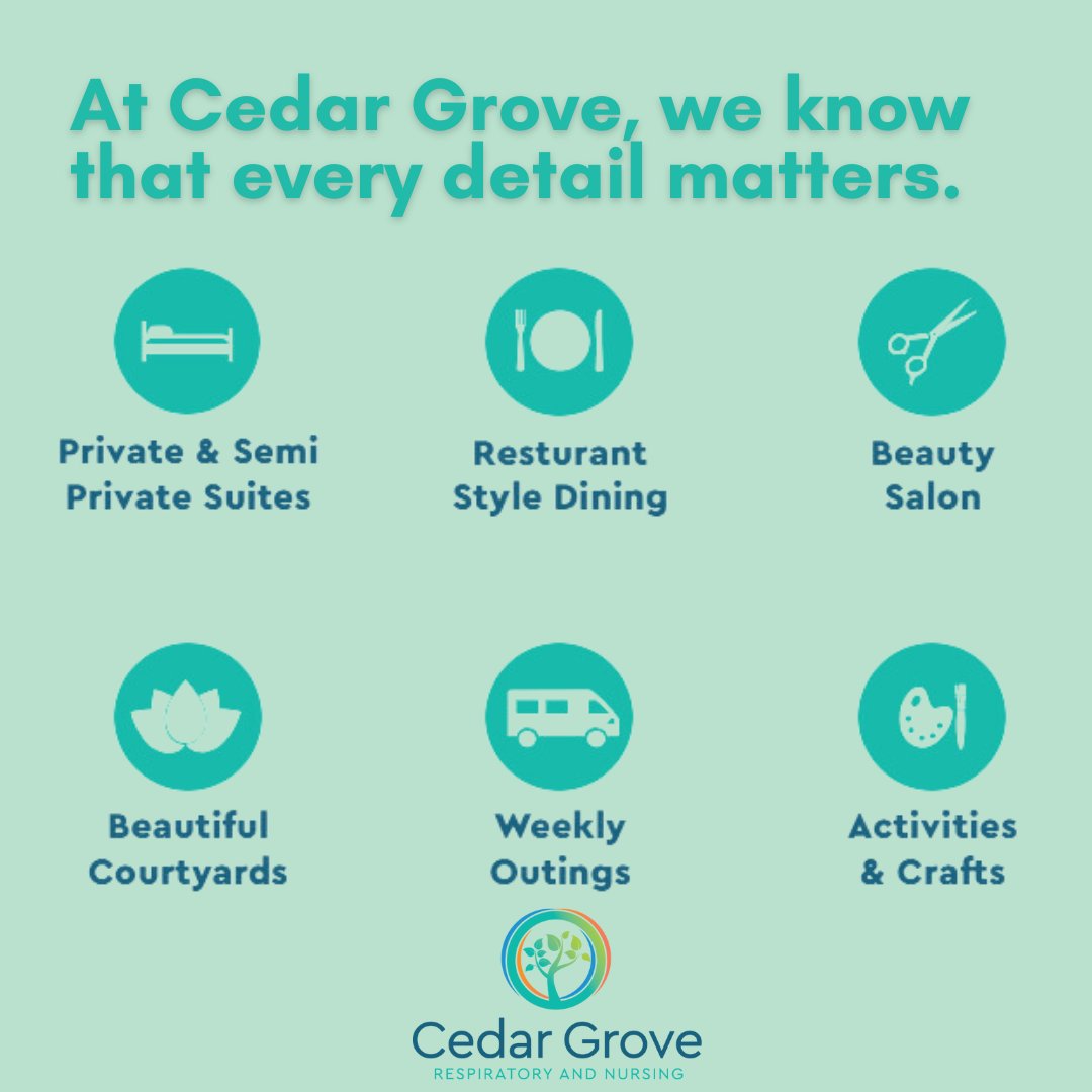 CedarNursing's tweet photo. Cedar Grove - here every detail matters. Our dedicated staff creates a warm and compassionate environment, treating you like family from the moment you walk through our doors. #CedarGrove #Health #Rehabilitation #SkilledNursing https://t.co/scLrELQDsL