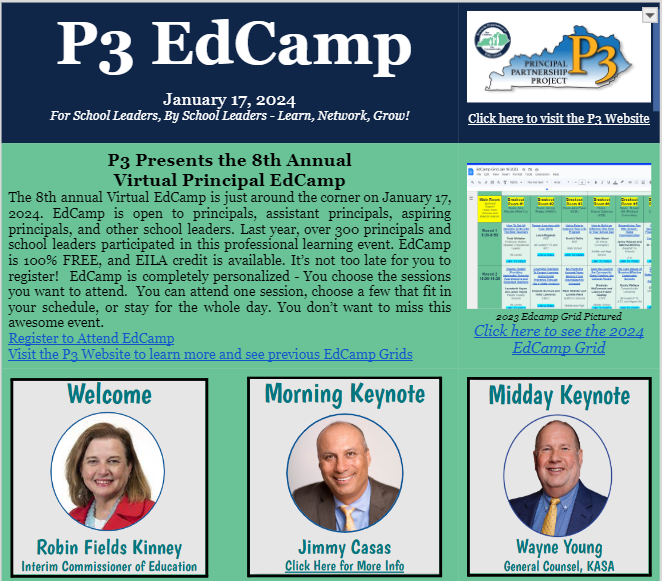 There is still time to register for EdCamp 2024 with @casas_jimmy Wayne Young, Executive Council for @KASAEdLeader Robin Fields Kinney, Interim @kycommissioner and many other awesome school leaders! 1/17/24 Don't Miss It! Register Here sites.google.com/education.ky.g…