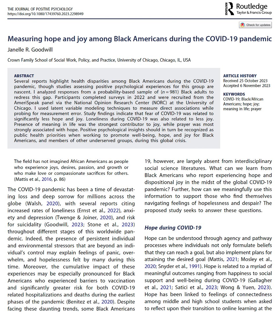 ✨New study: Despite all of the pain, Black Americans have found ways to remain hopeful & experience joy during COVID-19. Few studies measure positive outcomes w/ Black samples. This gave me an opportunity to tell a different story. Here's what I found🧵 bit.ly/47tsqZ4