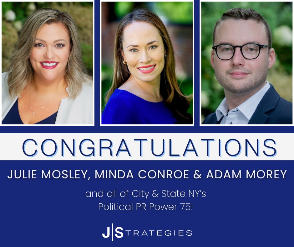 jstrategiesinc's tweet image. Congratulations to @juliekmosley, @Mconroe, and @AdamJMorey on being named among City &amp;amp; State's Political PR Power 75! 🌟

bit.ly/4aO1Yfl