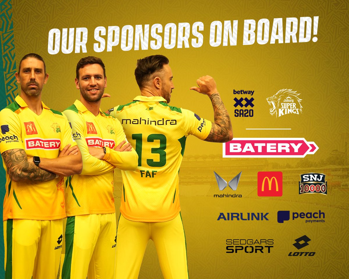Joburg Super Kings (@jsksa20) on Twitter photo Here’s to the summer of possibilities! Super Thanks for backing us, Sponsors! 🥳💛
#ToJoburgWeBelong #WhistleForJoburg #SA20 <a href="/SA20_League/">Betway SA20</a> Here’s to the summer of possibilities! Super Thanks for backing us, Sponsors! 🥳💛
#ToJoburgWeBelong #WhistleForJoburg #SA20 <a href="/SA20_League/">Betway SA20</a>