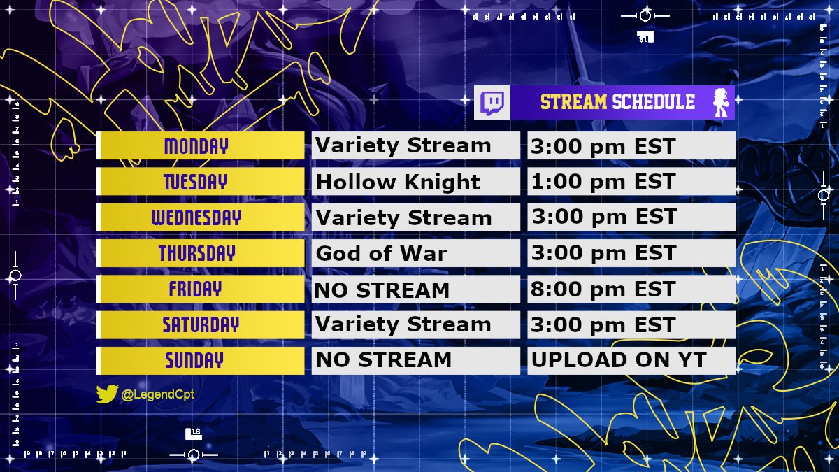 TheTrACEin's tweet photo. I am so ready to continue this momentum, here's yet another streaming schedule for y'all!
Variety streams might include some Brawlhalla, if you were wondering about that. Emphasis on might.
Make sure to watch out for YT uploads this week too...
#LegendsLegacy #LL #Capheads https://t.co/aeHC7rV00C