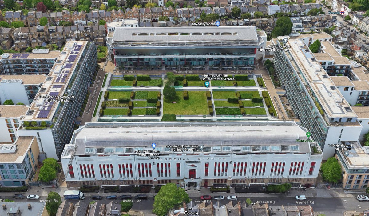 Hold up, here's the most unique residential conversion I've ever seen...

A former soccer stadium ⚽ turned into apartments

• 650 units
• Grandstand exteriors remain
• The old field is now a garden
• Former home of <a href="/Arsenal/">Arsenal</a>
• 93 years of soccer played there

📍London