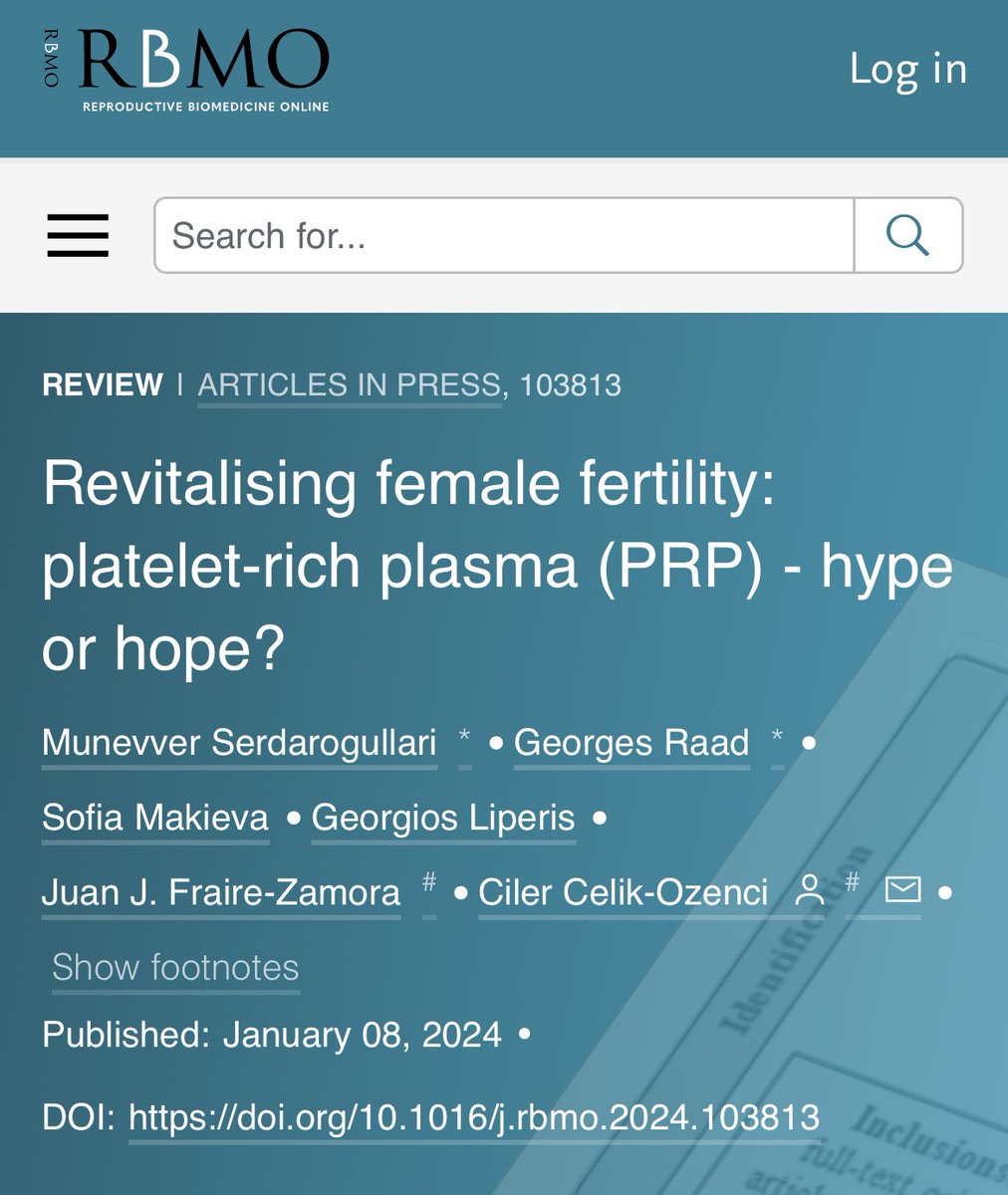 PRP &amp; infertility: 🏁or🚩

Shall we standardise PRP🩸protocols for ovarian &amp; endometrial enhancement during infertility treatment? 

Check out our thoughts &amp; suggestions👇🏻

<a href="/SCobanMune/">Munevver Serdarogullari</a> <a href="/cilerozenci/">Ciler Celik-Ozenci</a> <a href="/Dr_Georges_Raad/">Dr. Georges Raad</a> <a href="/GLiperis/">George Liperis</a> <a href="/juanjo_fraire/">Juanjo Fraire-Zamora</a>

🔗rbmojournal.com/article/S1472-…
