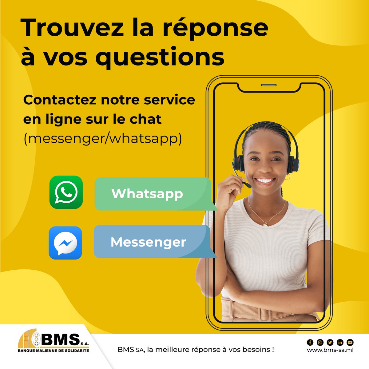 bms_mali's tweet photo. Vous avez des questions, des préoccupations ou si vous avez besoin d'assistance? N'hésitez pas à nous envoyer un message sur WhatsApp au 94 16 16 16 ou messenger.
#whatsapp📲 #banquemaliennedesolidarité #bmskibaru https://t.co/fAvIeVZPud
