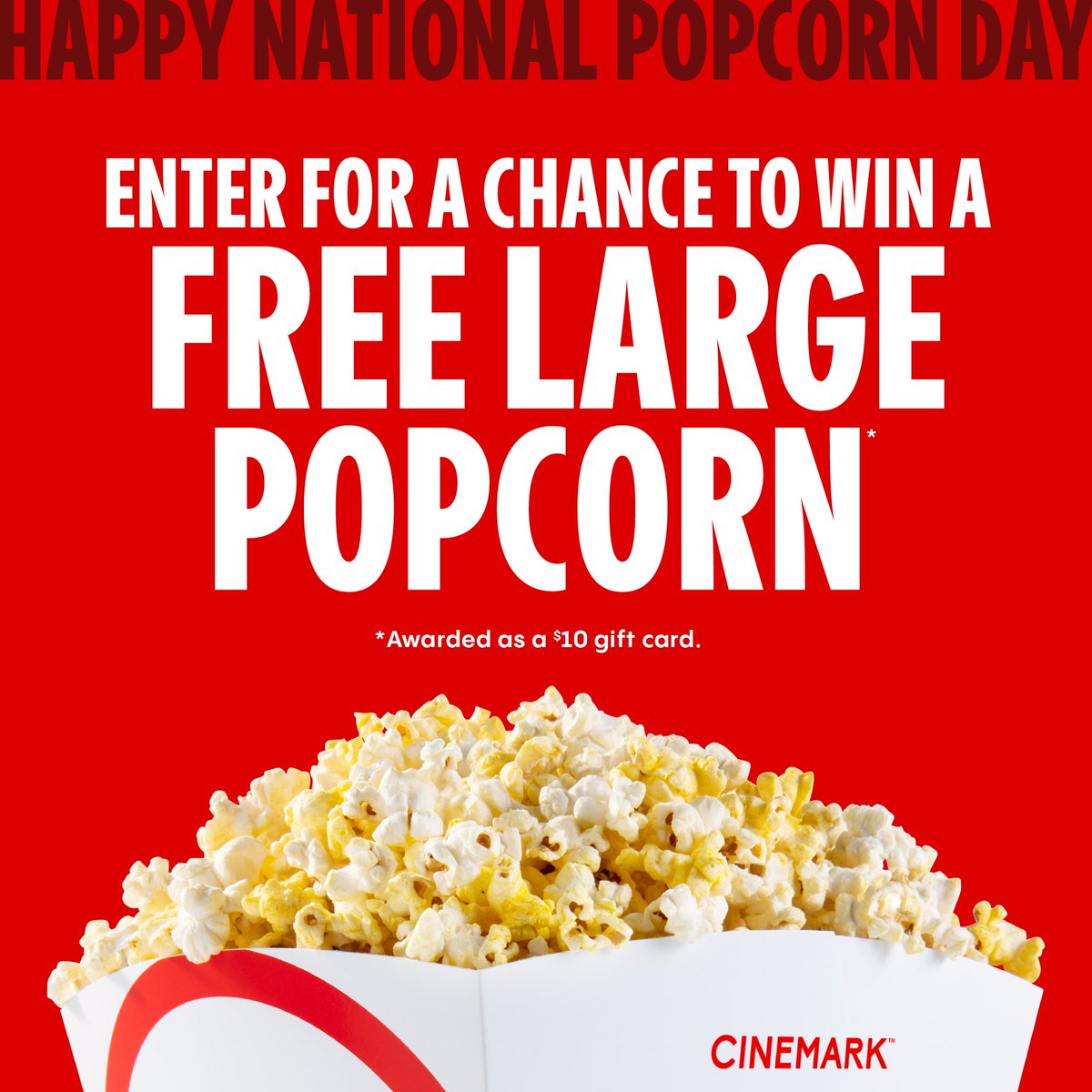 🚨 GIVEAWAY 🚨

🍿 FOLLOW US and RT this post for a chance to win a large popcorn! 🍿

No Purchase Necessary. U.S/D.C. only, 18+. See Official Rules for all details. Enter by 1/19/2024 Rules: cur.lt/ovqhcp1sh #CinemarkNationalPopcornDaySweepstakes