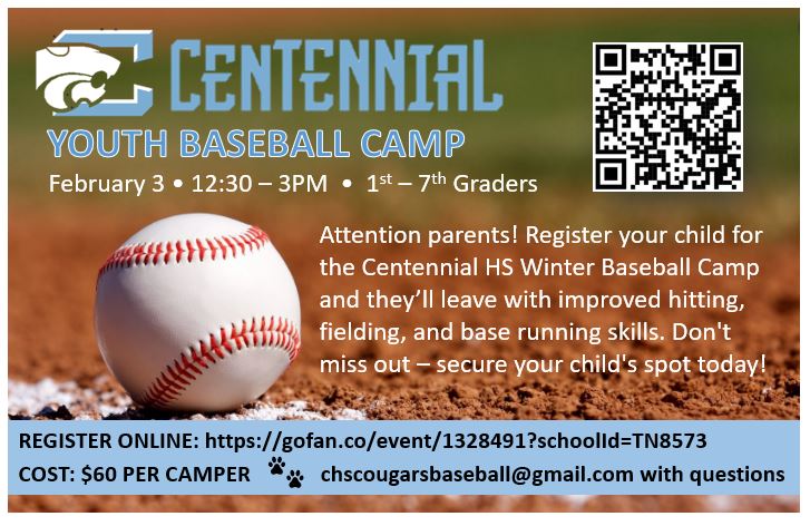 Calling all parents of young sluggers! Secure a spot for your player at the Centennial HS Winter Baseball Camp! 
📅 Dates: February 3, 2024
🕒 Time: 12:30 - 3PM CT
📍 Location: Centennial High School
gofan.co/event/1328491?…