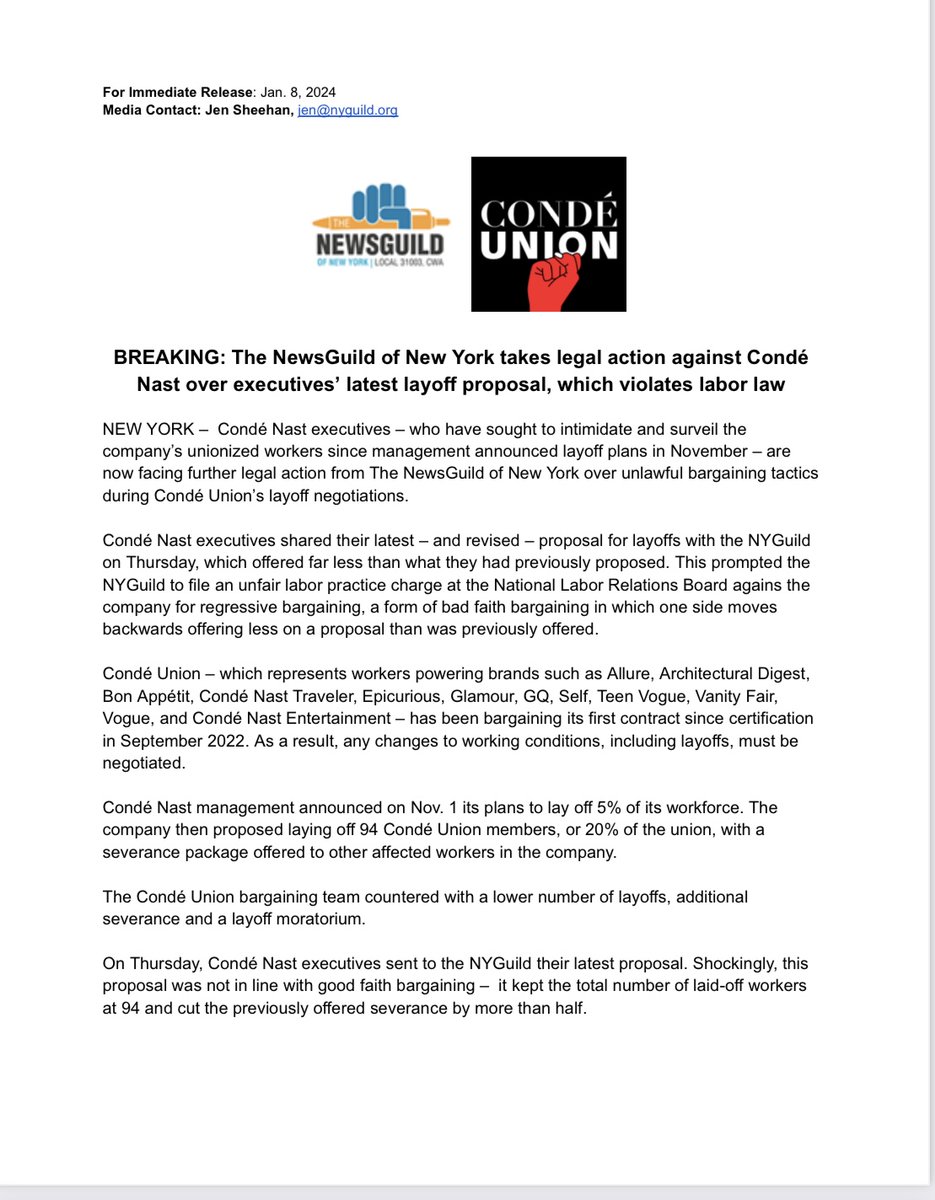 nyguild's tweet photo. LEGAL ACTION: On behalf of @condeunion we have filed an unfair labor practice charge against @CondeNast for regressive bargaining during layoff negotiations. https://t.co/4lf9hrJKDN https://t.co/nQpeiRbUk5