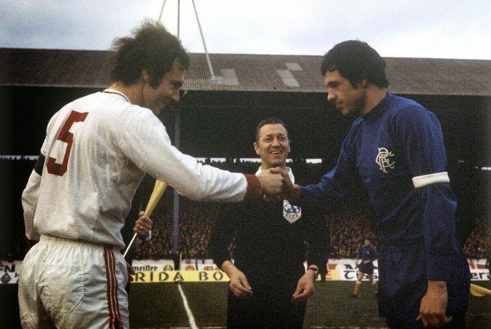 Franz Beckenbauer and Rangers captain Dave Smith shake hands before the ECWC semi-final at Ibrox in 1972.