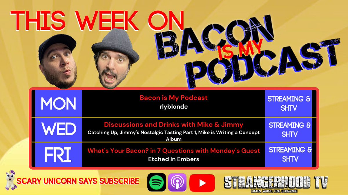 This week's #baconismypodcast #schedule!
Monday: @rlyblonde
Wednesday's #discussionsanddrinks: Back from Holidays, @jimmygshoes #childhood #treats, @memyownself #writing a #concept album
Friday: #whatsyourbacon in #7questions with @etchedinembers
#baconismypod #TheDen #podcasting
