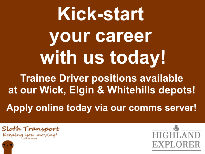 ST_GB_Support's tweet photo. Kick-start your career with us today!
We're recruiting Trainee Drivers at our Wick, Elgin &amp; Whitehills depots right now!
So, what are you waiting for? Apply today on our Discord server!
https://t.co/o1aWoTt2AL https://t.co/5qDrvB2KXC