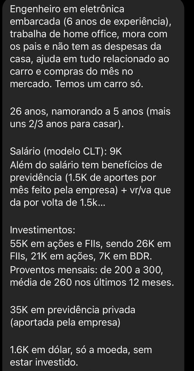ZattarRafael's tweet photo. #ZFlix 

26 anos 🎂 Engenheiro em eletrônica. Mora com os pais. 

Salário: 12k (CLT + benefícios) 💰
Investimentos: 55k (ações e FIIs), 35k 
(previdência privada), 1,6k em dólar, 50k (renda fixa), 35k (crypto).
Proventos mensais: 200 reais.

O que você diria para ele? https://t.co/vjp3ddVISC