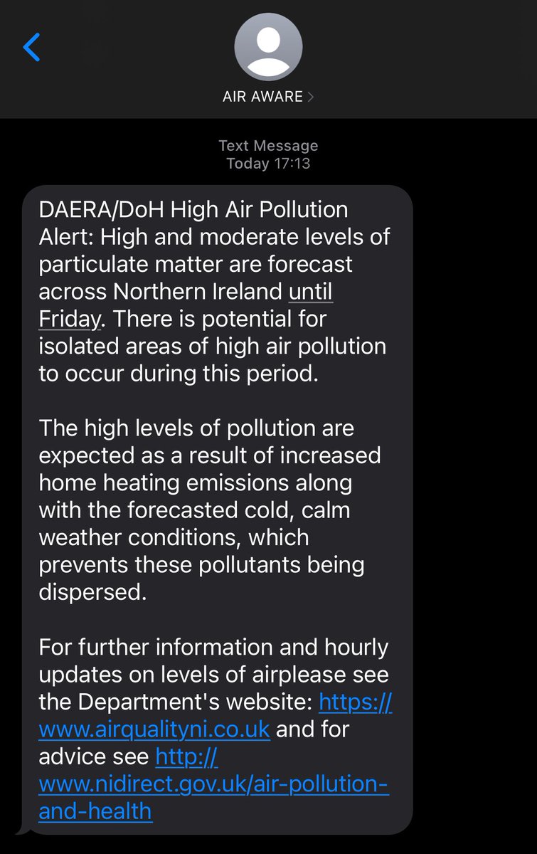 barrabest's tweet photo. High pollution level alert sent out by @daera_ni and @healthdpt for NI for the rest of this week. Cold &amp; calm weather preventing travel and home heating emissions from dispersing as normal. https://t.co/lQp7baerRS