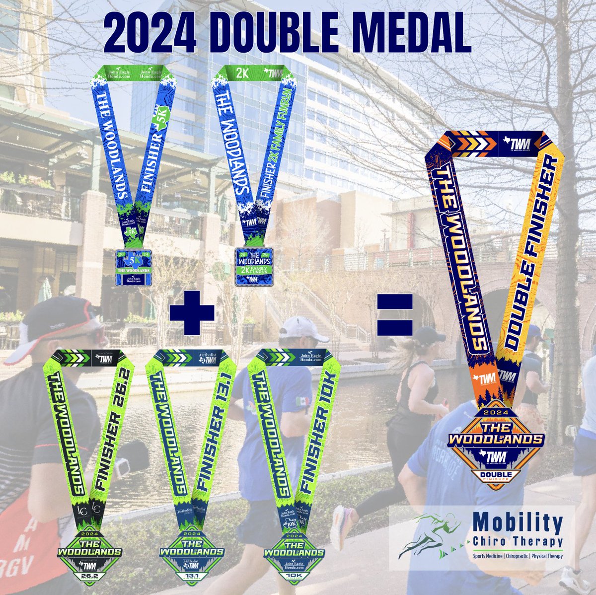 TWMarathon's tweet photo. Earn the DOUBLE by running the 5k/2k plus the 10k/13.1/26.2. Register now and save $10 on registration. Use the code: DOUBLEMEDAL #runtwm #runtwm24 #thewoodlands #marathon #marathontraining #halfmarathon #mobilitychiro #leadalegacy #houstonmethodist #heineken #johneaglehonda.com https://t.co/oqgLk5NL0m