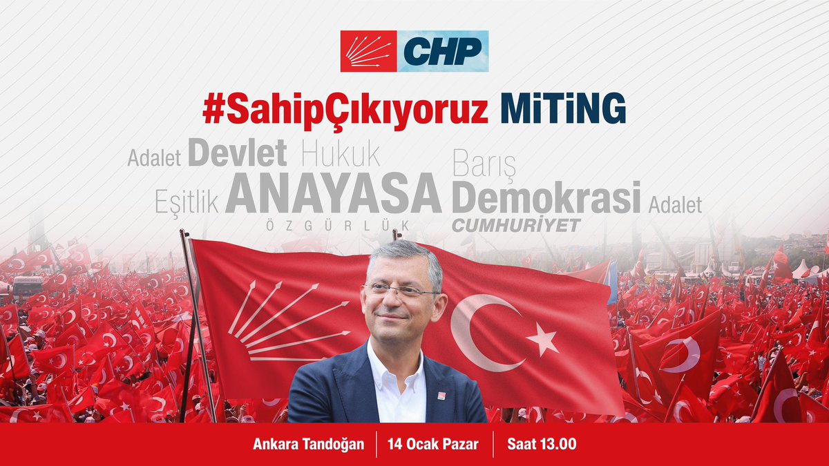 Anayasaya sahip çıkıyoruz. Demokrasiye sahip çıkıyoruz. Adalete sahip çıkıyoruz. Hukuka sahip çıkıyoruz. Barışa, Eşitliğe, Özgürlüğe sahip çıkıyoruz. Devlete sahip çıkıyoruz. Cumhuriyete #SahipÇıkıyoruz 🇹🇷 14 Ocak Pazar Saat 13:00 Ankara Tandoğan Meydanı