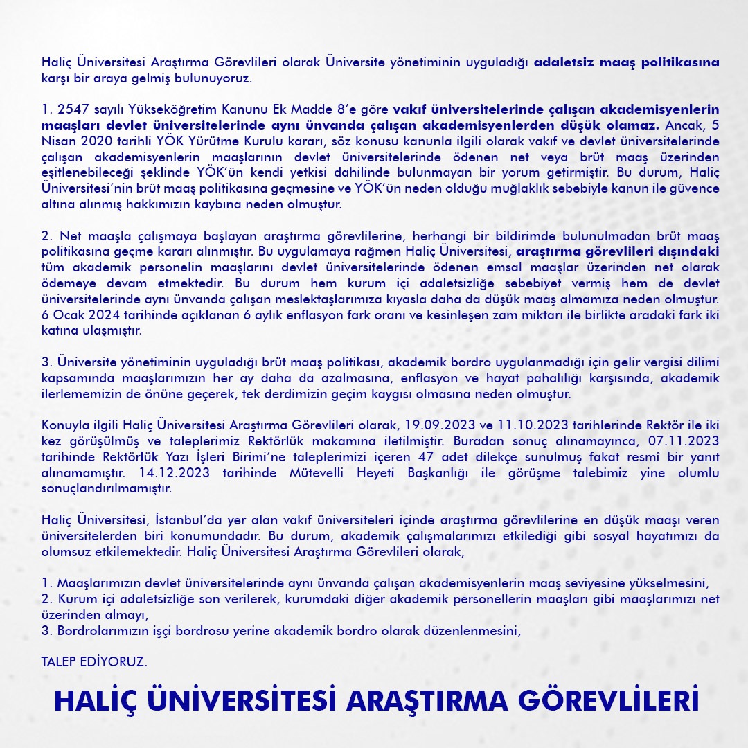 VakifSendika's tweet photo. Haliç Üniversitesi'ndeki (@halicedu) araştırma görevlisi melektaşlarımız, maaşlarının kurumda çalışan diğer akademisyenler gibi devletle denk maaş seviyesine yükseltilmesi talebiyle yönetime 47 adet dilekçe sunmuş ve cevap alamamışlardır. 

#halicteakademikayrimcilik https://t.co/2vgV5WHIIH