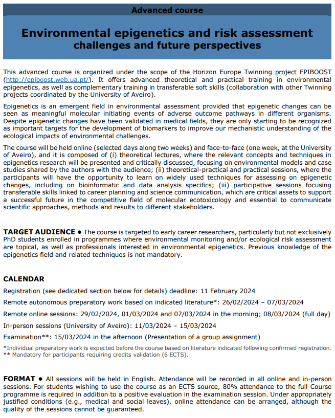 EPIBOOST22's tweet photo. 📢This advanced #course will train you (Theory &amp; Practice) in advanced epigenetic studies and models in environmental assessment. 
No fees!
🗓️ 29/02, 1, 7, 8, 11-15/03 2024
📍 Online and in #Aveiro, PT
​Register now!⤵️​ [deadline: 11/02/24]
https://t.co/vd3Bf5A70B https://t.co/LnllscgCa7