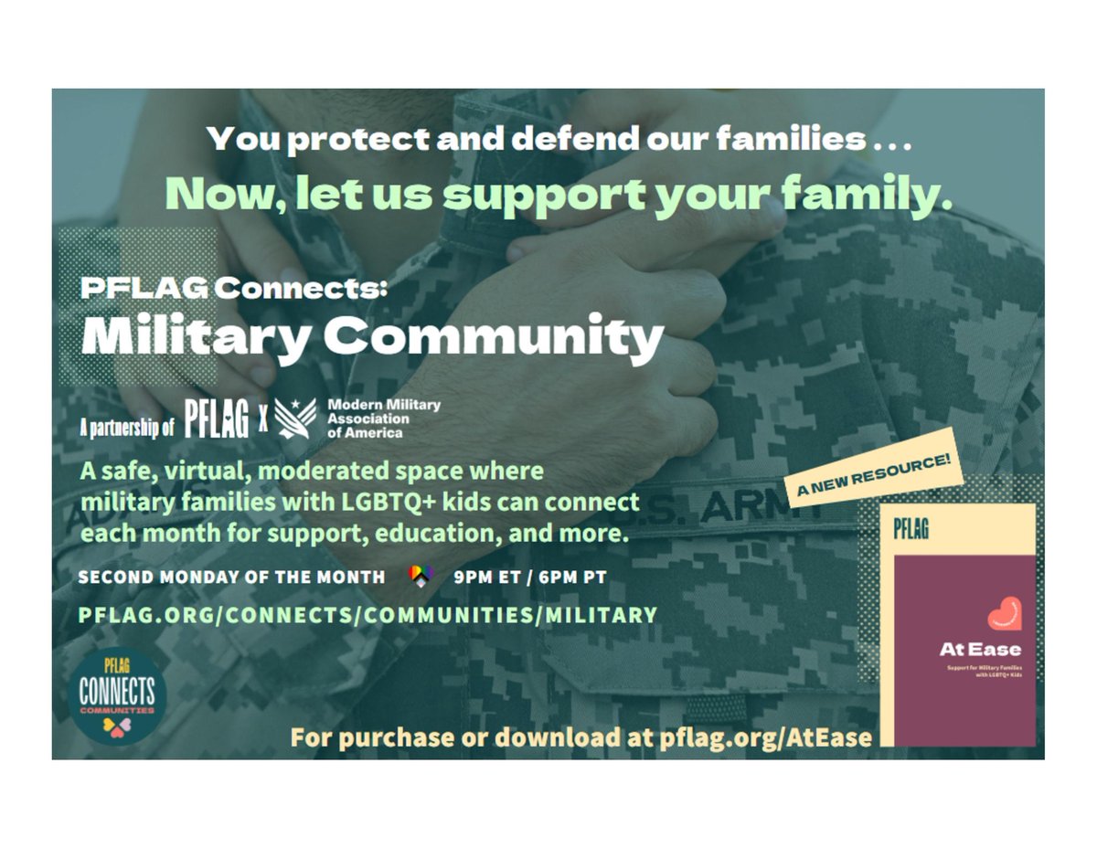 Our monthly online meetings with @PFLAG provide resources and support for parents of #LGBTQ+ military youth and #militaryfamilies. Sign-up to attend tonight's event at 9PM EST: pflag.org/events/militar…