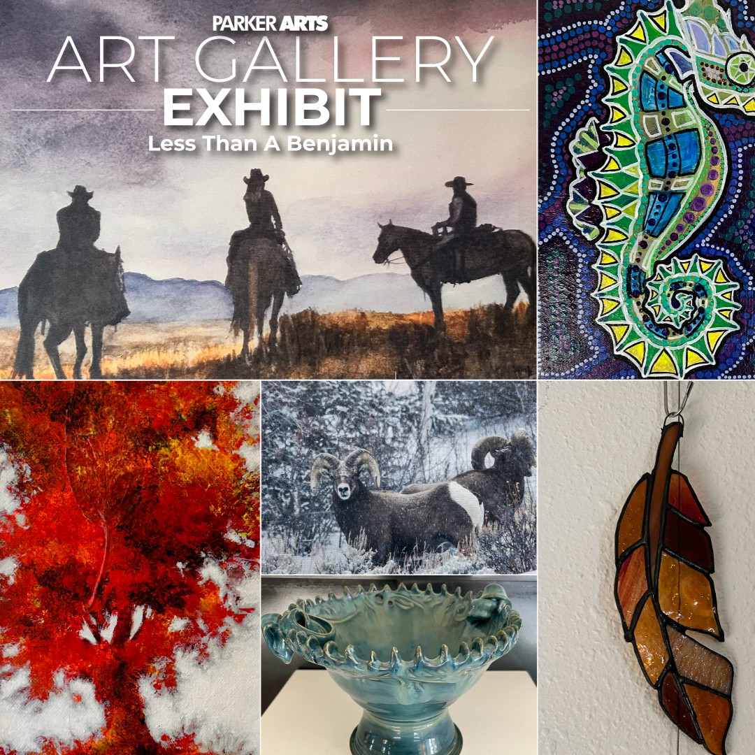 Our current gallery at The Schoolhouse, Less Than a Benjamin, closes on Saturday! Drop by to check out this incredible art from the Parker Artists Guild and pick up a piece of your own for under $100. Learn more: parkerarts.org/event/art-exhi… #colorado #artgallery #art