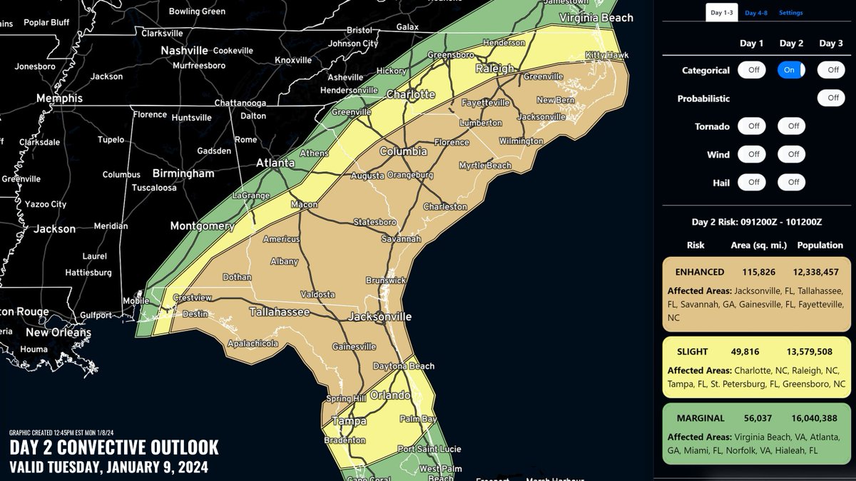 RadarOmega's tweet photo. TOMORROW (1/9/24): The severe threat will shift east tomorrow as the associated system continues to push toward the East Coast. There is an enhanced risk from the Florida Panhandle to the Carolinas where damaging wind gusts and a few strong tornadoes are possible on Tuesday! https://t.co/CwEfsnSSvZ