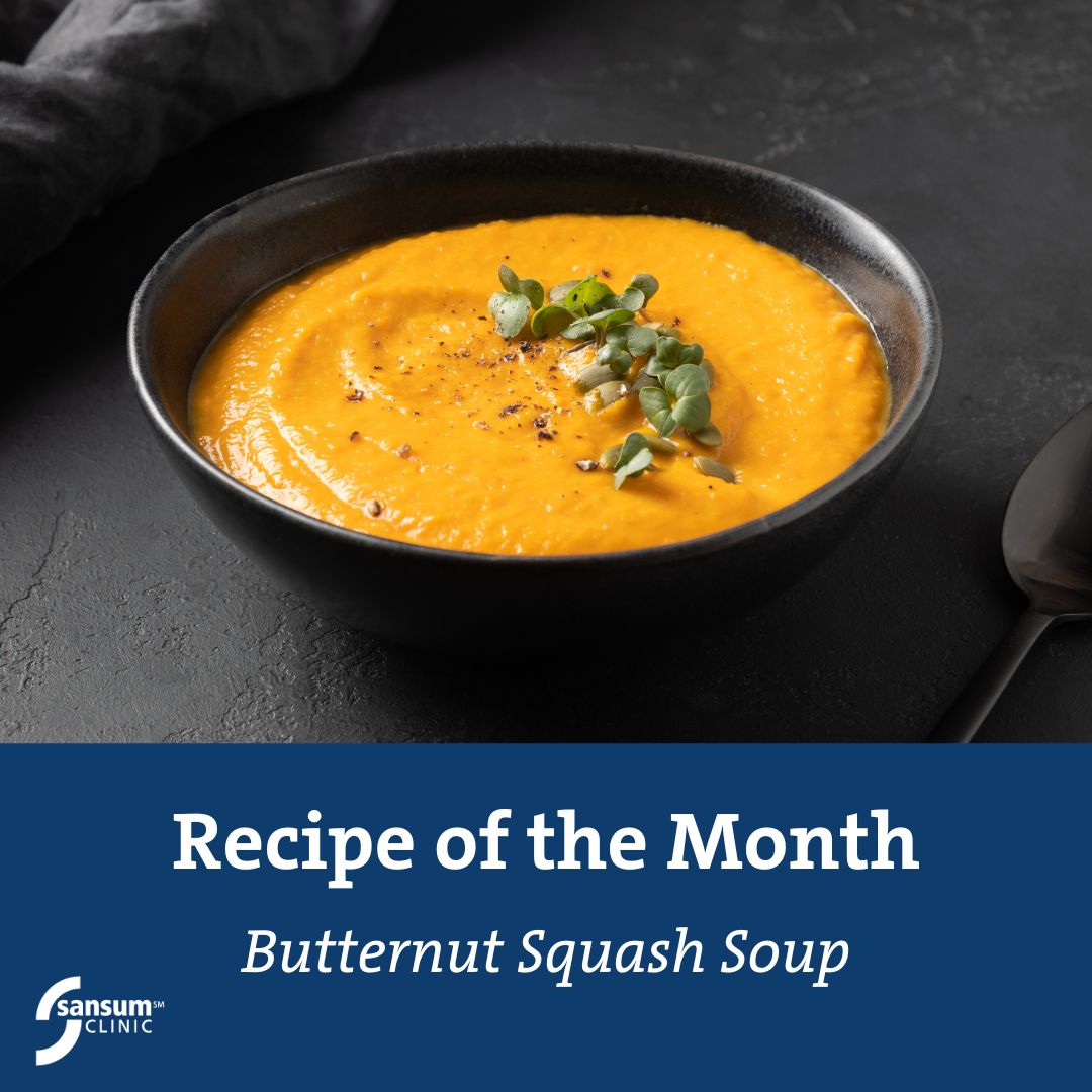 This rich and creamy, mildly spiced Butternut Squash Soup is the perfect winter meal. Butternut squash is a nutrient powerhouse full of vitamins, beta-carotene and fiber. bit.ly/3FLgdD0 #SansumClinic #RidleyTreeCancerCenter #healthyrecipes #souprecipes