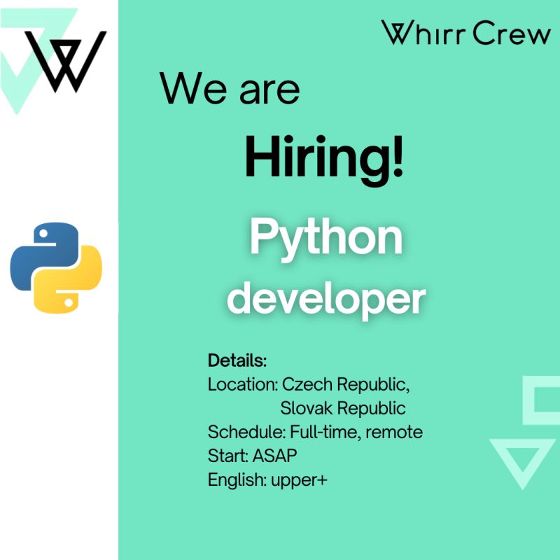 Hi! We are looking for a Python developer

Details:
Location: Czech Republic, Slovak Republic
Schedule: Full-time, remote
Czech: upper+
English: upper+
Start: ASAP

#openvacancy #openposition #whirrcrew #JobOpening #hiring #TechHiring #Python