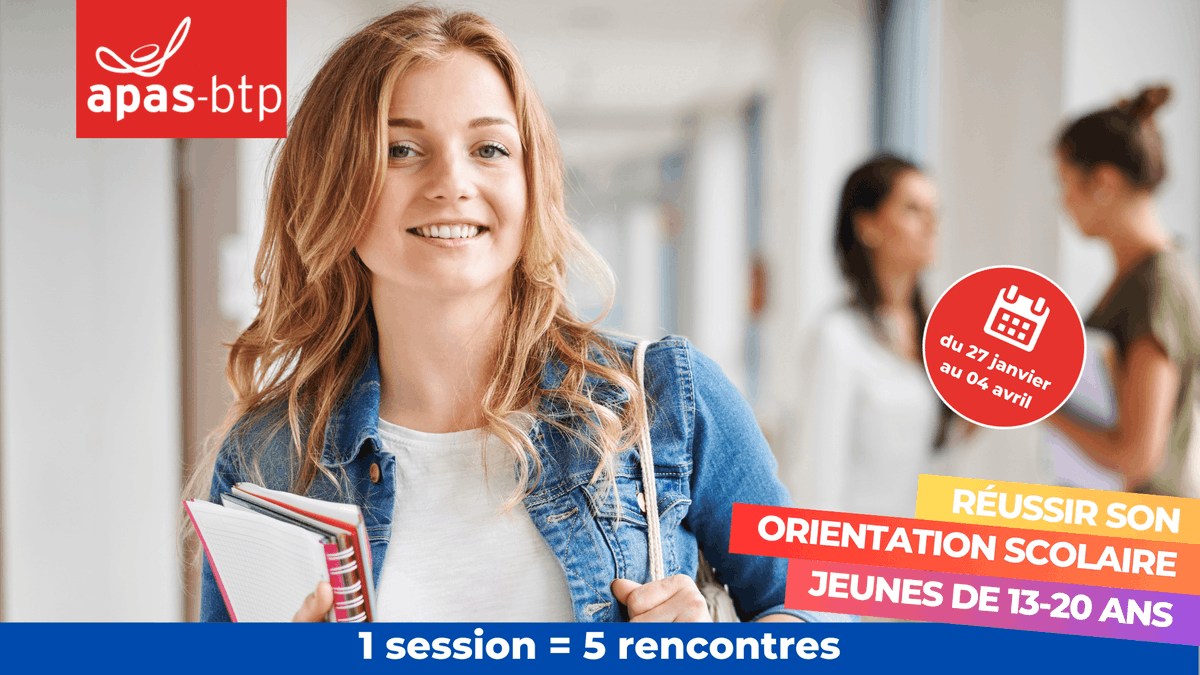 🟦  Votre enfant se pose des questions sur son avenir ? Nous proposons des sessions d'orientation scolaire pour les 13-20 ans

Prochaine session :
🔹 Du 27 janvier au 4 avril 2024

Infos et inscription ➡ bit.ly/APAS_Orientati…

#apasbtp #orientationscolaire