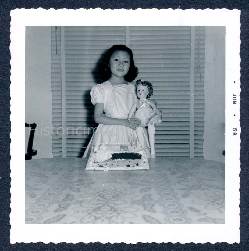 Historicimage's tweet photo. Asian American girl posing with her new doll and cake on her birthday, June, 1958. #Historicimage https://t.co/aawdi0Z4vW