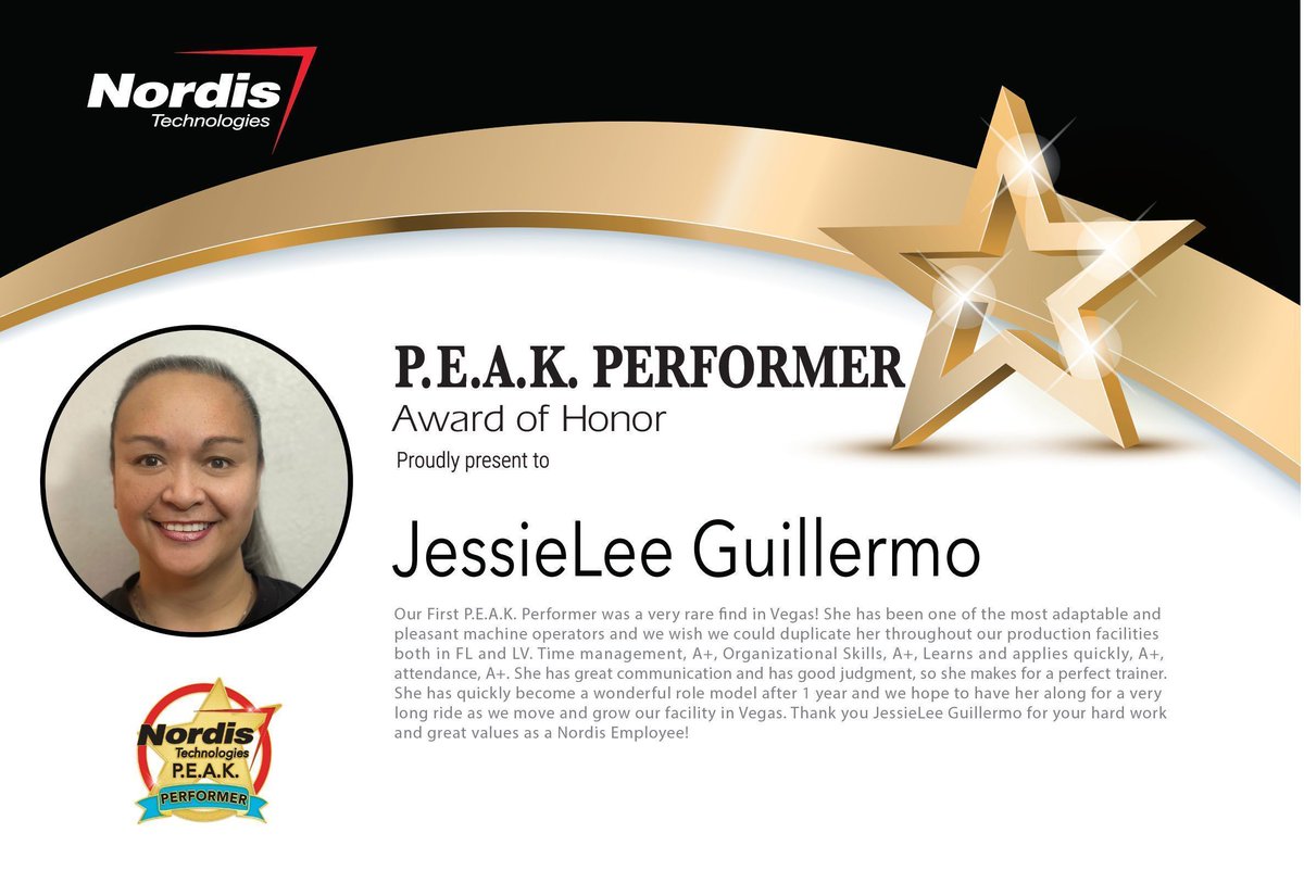 Let's shine a spotlight on our second 2023 Q4 P.E.A.K performer recipient JessieLee Guillermo! We appreciate your strong work ethic and we are glad you're a part of the Nordis Las Vegas team! #PEAKperformer #Recognition