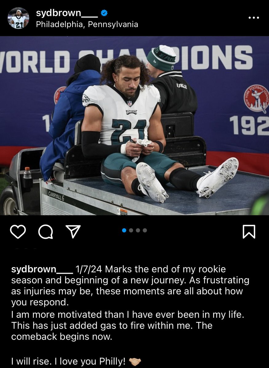 Sydney Brown via Instagram pens a heartfelt note after he sustained what is suspected to be a torn ACL against the Giants last night.