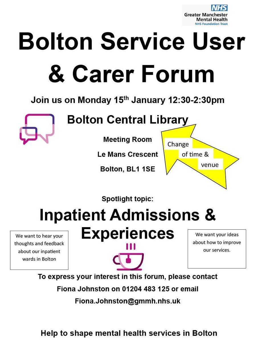 We invite all services users and carers accessing services through GMMH in Bolton to discuss how we can improve inpatient admissions. 

📍  Bolton Central Library (new location)
📅  Monday 15 January 2024
⏰  12.30 – 2.30pm (new time)

Join us for a cuppa! #GMMHGetInvolved