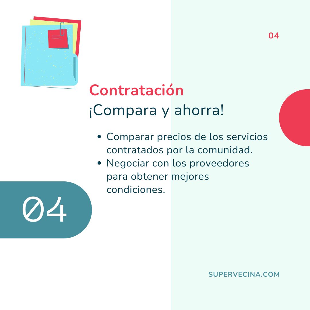 Supervecina_Com's tweet photo. 4/5 Contratación: ¡compara y ahorra! Compara precios de los servicios contratados por la comunidad y negocia con los proveedores para obtener mejores condiciones. 💰💸 https://t.co/pG1pgra03X