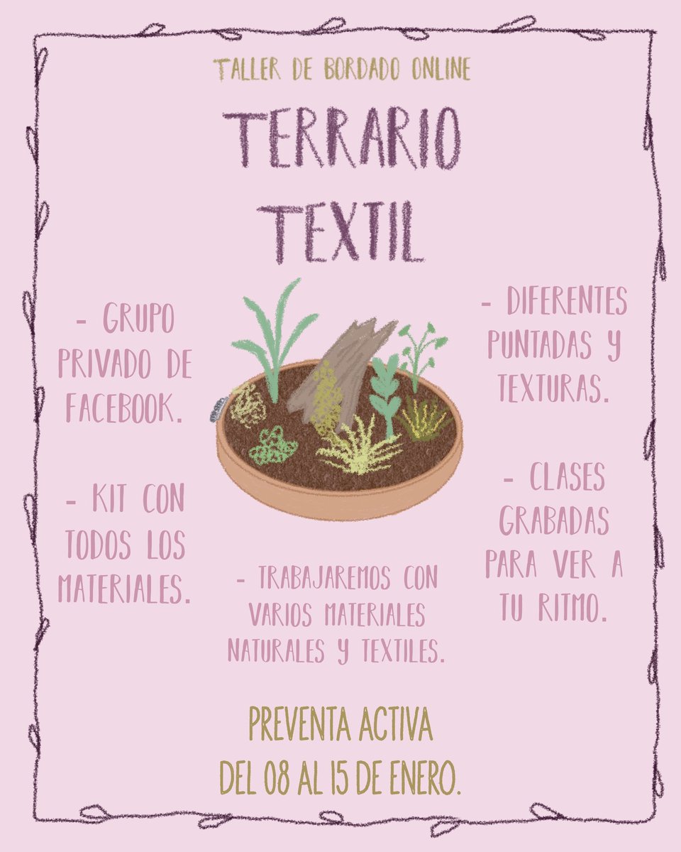 🌱 Terrario Textil 🌱
Taller de bordado online, en este taller aprenderás a crear un bonito terrario usando diferentes materiales, hilos y telas, crearemos texturas, volumen, aprenderás diferentes puntadas y técnicas.
En IG dejé más información: instagram.com/p/C12Tq0WOc1U/…