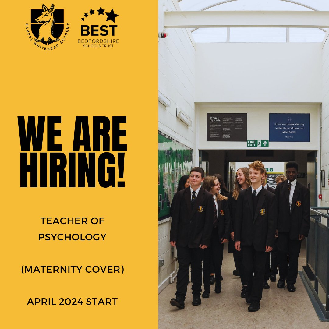 SamWhitAcademy's tweet photo. We have a fantastic position open, we are seeking a highly committed and enthusiastic teacher of Psychology (maternity cover).

Please use the link below to apply -

https://t.co/8zVR7lopWM 

CLOSING DATE - Sunday, 14th January 2024 https://t.co/mWeG5i0Tm6