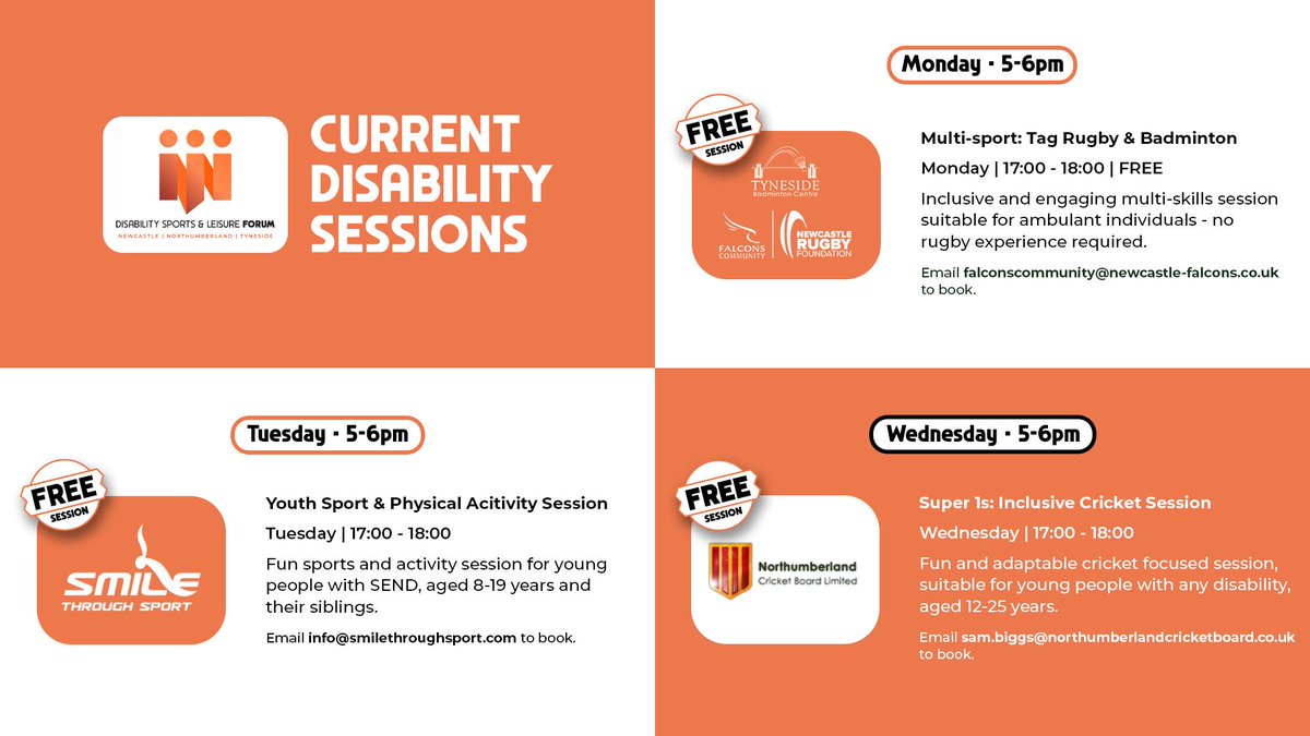 New Disability Sessions at Tyneside Badminton Centre, including Multi-sport sessions by Falcons Community Development Officers. Contact falconscommunity@newcastle-falcons.co.uk for more information. 

 #NewcastleRugbyFoundation #falconscommunity #raiseinvolvement #growskills