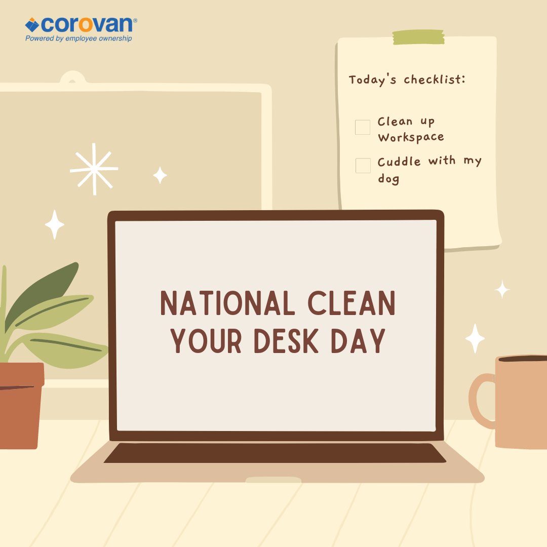 CorovanMoves's tweet image. It’s National Clean Your Desk Day! Remember, a well-organized work area can boost your productivity and even enhance your mental health. Take a few minutes to tidy your area today! #nationalcleanyourdeskday #getorganized #cleanworkspaces