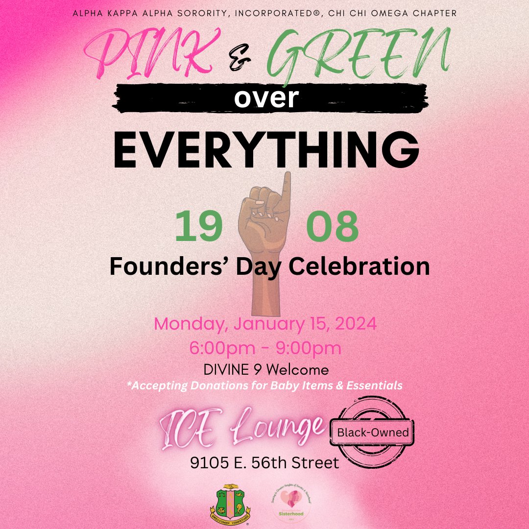 akaindy's tweet photo. Chi Chi Omega chapter is inviting all members of the Divine 9 out to have a good time with us next Monday night. Admission is FREE! We will accept donations of baby items and essentials to help new mothers in Indianapolis. #AKA1908 #XXΩ #116YearsofService https://t.co/LMRgdlsag4