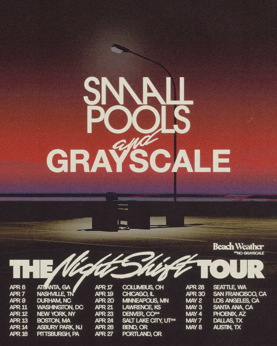 smallpools's tweet photo. We’re going on tour!! We’ll be working the night shift with our friends in @GrayscalePA this spring! (select dates with @BeachWeather 

pre-sale starts tomorrow | general tickets on sale fri 10am pst

https://t.co/uWfnNYlAon https://t.co/R7LMgG3rlM