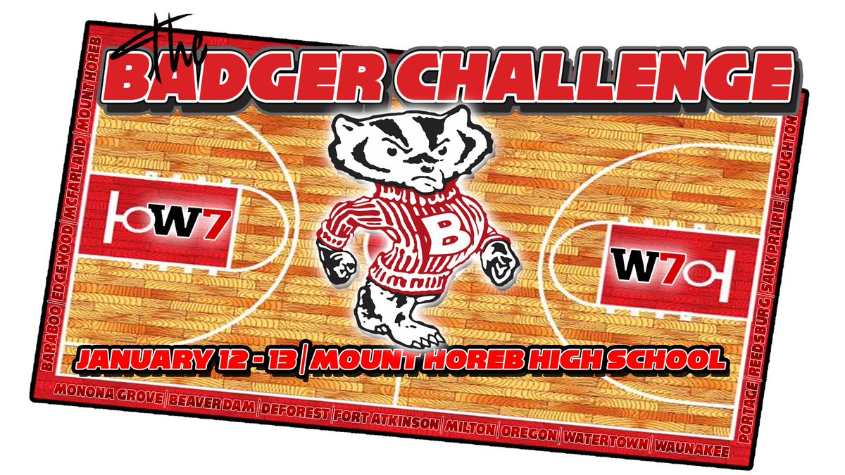 ProductionsW7's tweet photo. The #BadgerChallenge LIVE from Mt. Horeb is coming to W7 Friday and Saturday! Full schedule to be released soon! 8 games, all live and all free!🦡🦡🏀 https://t.co/yMGybjsP4B