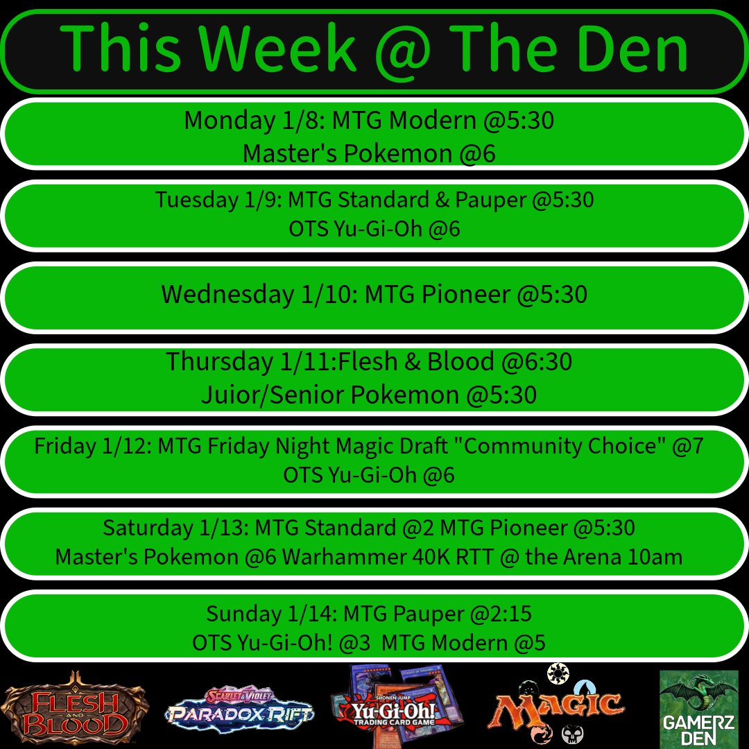 This week's line up Gamerz Den!
Good luck to our Warhammer community this Saturday!
Hope to see all your wonderful faces this week!
Stay safe & Happy gaming 
#gamerzden #JoinTheDen #playlocal #shoplocal #warhammer40k #tournament #oxfordms #LafayetteCountyMS #olemiss #HottyToddy