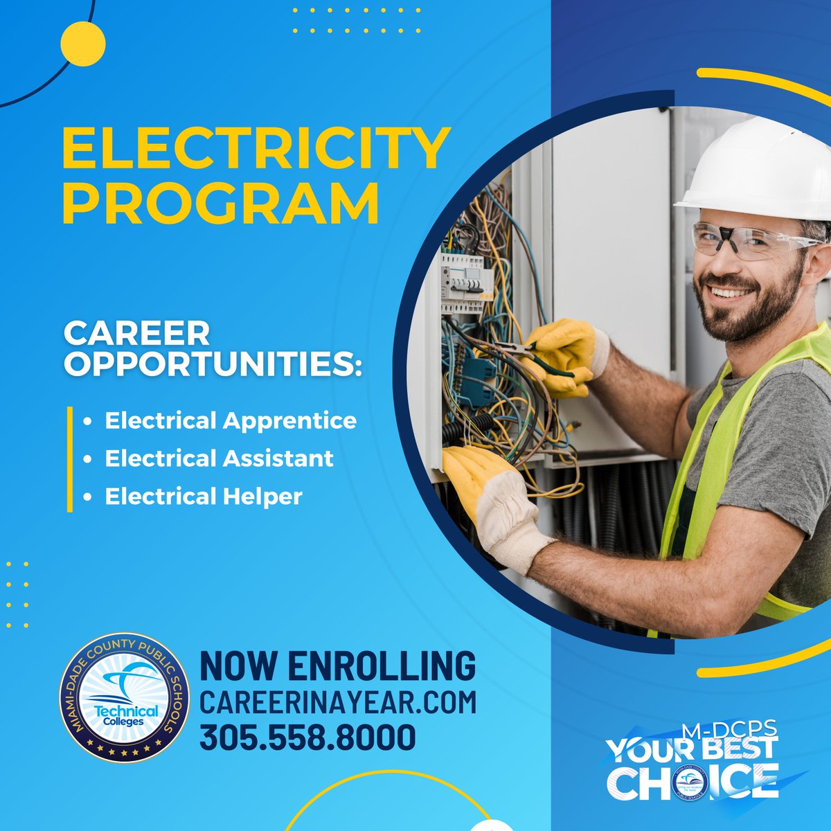 Dive into the high demanding career of Electricity!  Enroll today and get an affordable training to enter into the workforce. 

📲 #YourBestChoiceMDCPS
📞(305) 558-8000
careerinayear.com