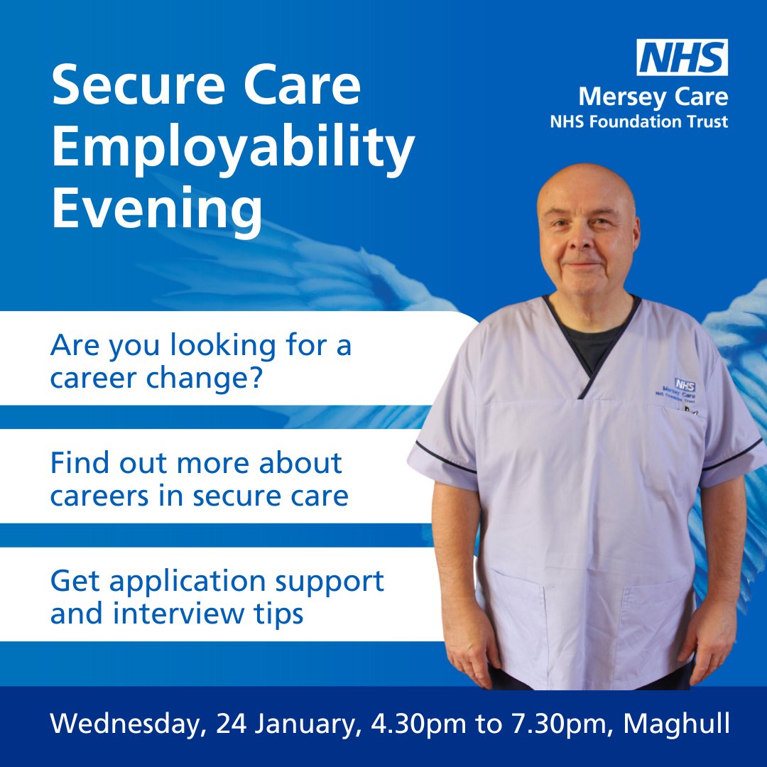 Mersey_CareJobs's tweet photo. Interested in learning more about careers in #Forensic #MentalHealth or forensic #LearningDisabilities? 🏥

If you’re caring, flexible, and have transferable skills, join our #SecureCare Employability Evening 💙

📍 Weds 24 Jan, 4.30-7.30pm, Maghull Health Park, L31 1HW https://t.co/8YHrY8JpLw