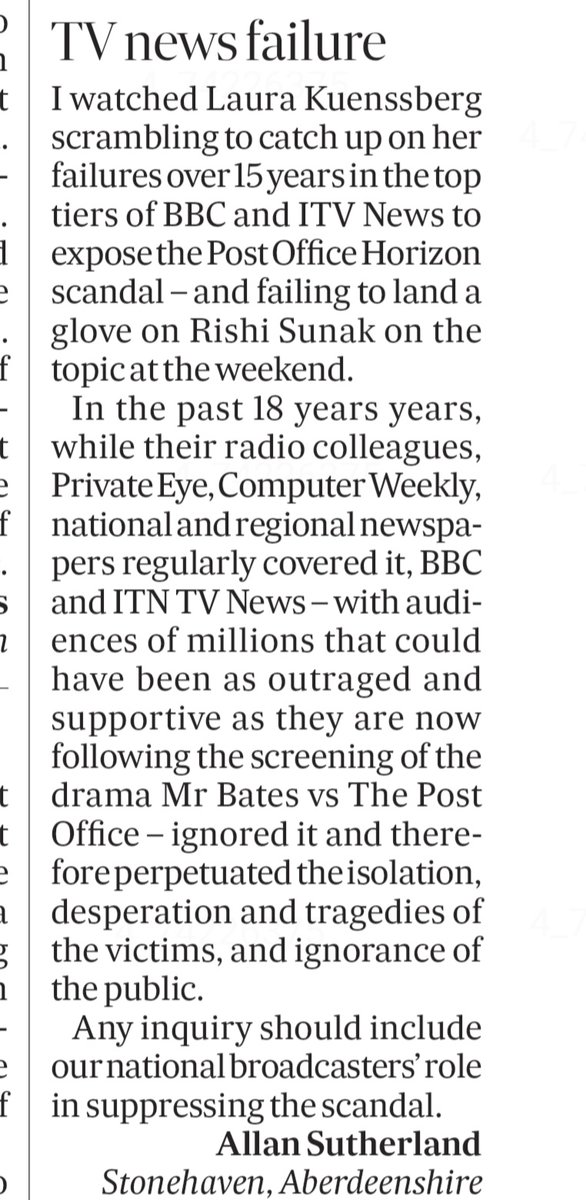 All of a sudden BBC and ITV news - with their millions of viewers - have discovered the Post Office scandal. Meanwhile their colleagues on Radio, newspapers and Private Eye have been covering it for years. @bbclaurak